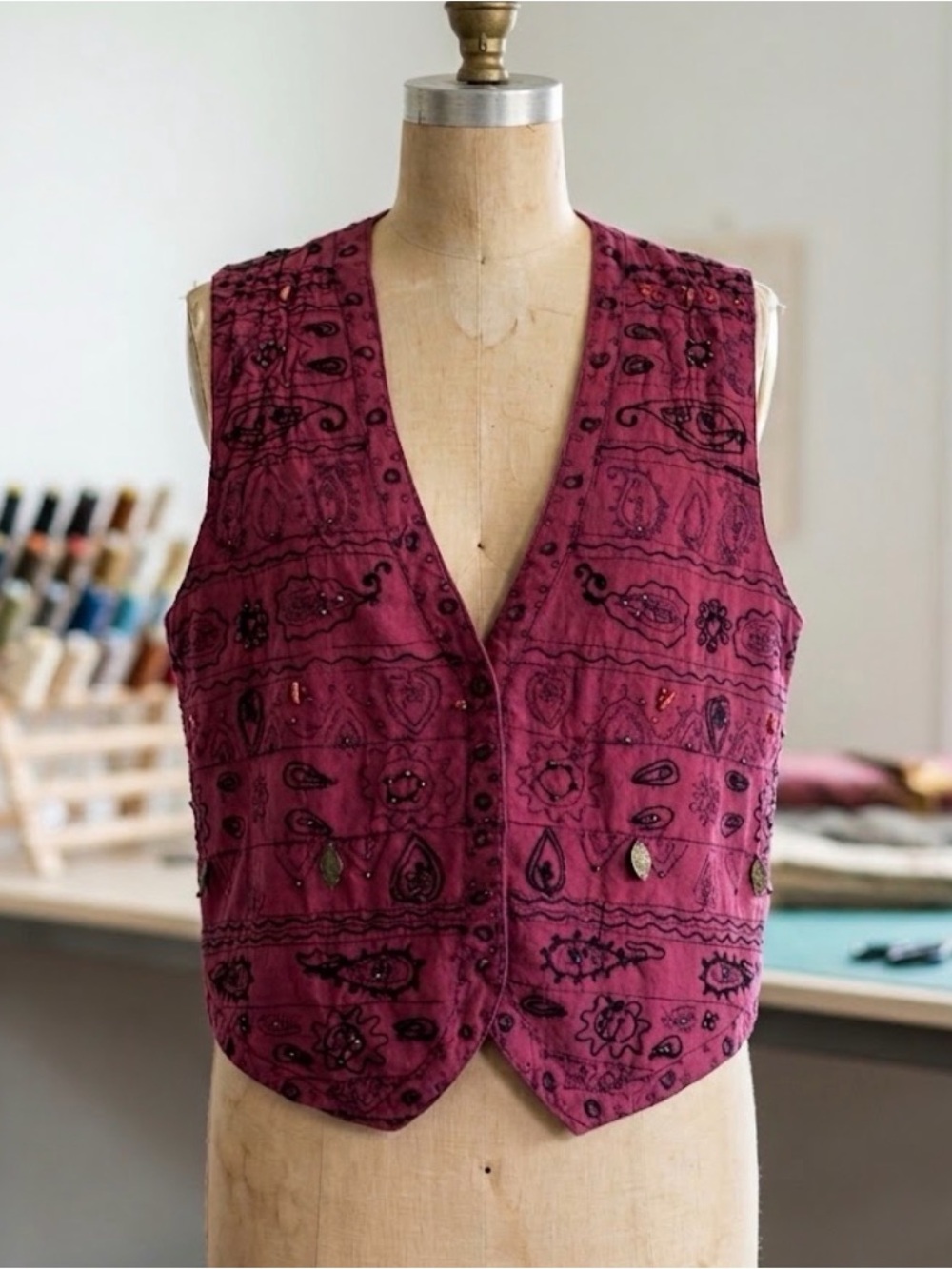 Vintage 90s Embroidered Beaded Vest Denim Republic Whimsigoth Indie Festival M